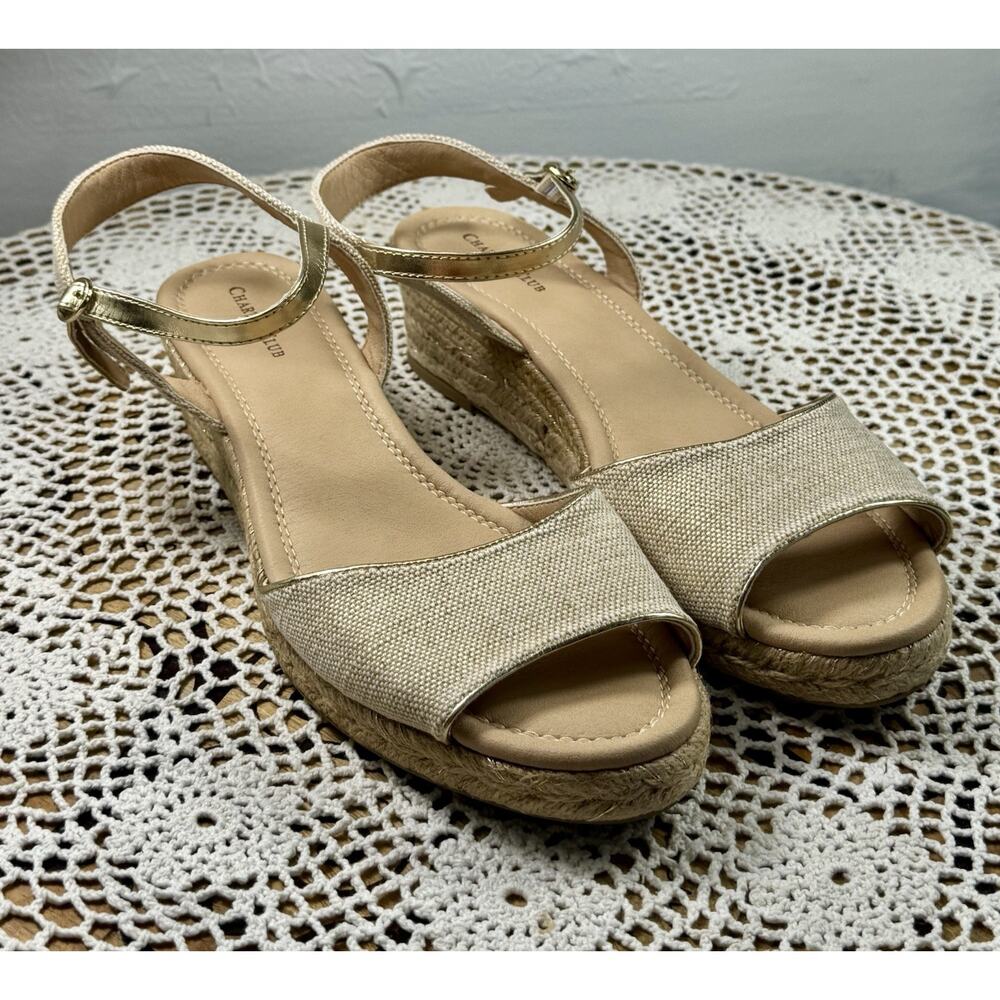 Charter Club 12M Luchia Women's Canvas Buckle Wedge Sandals Gold Trim sku 3349